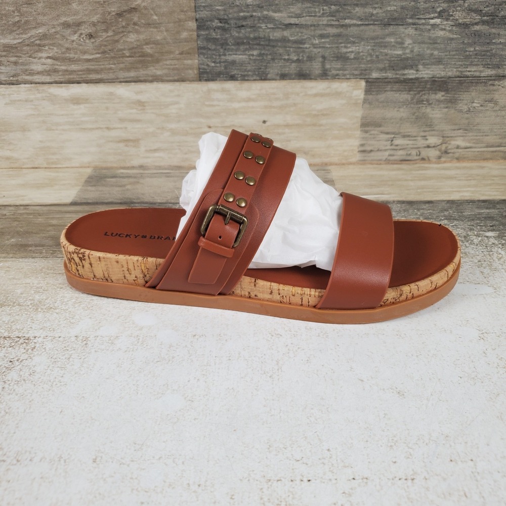 Lucky Brand Dineesa Womens Flat Sandals Sz 8.5 M Conger Studded Two Band Slip On